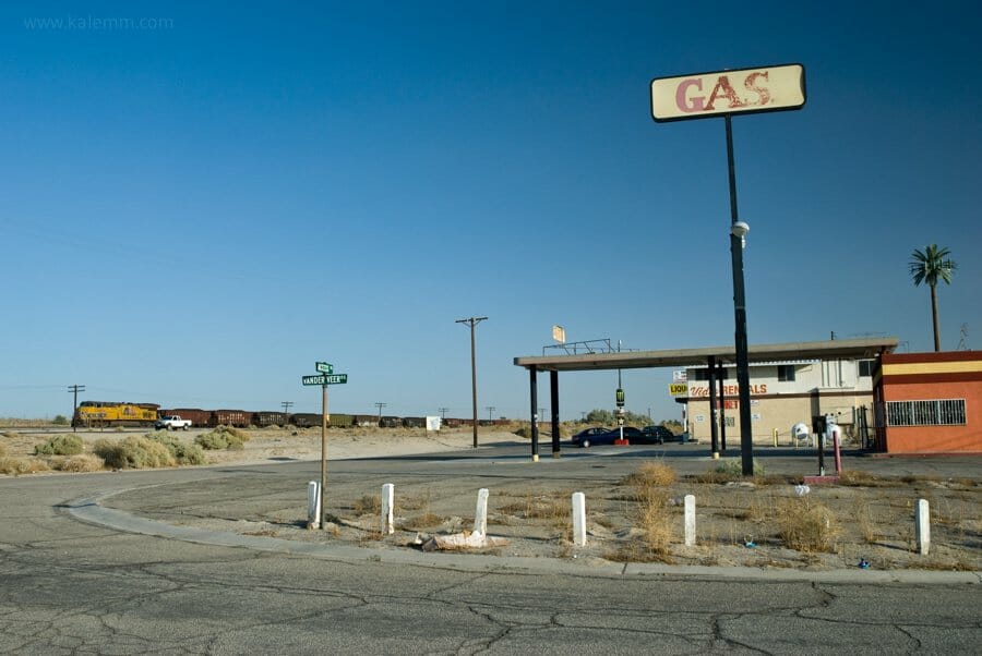 a train near a gas station close to Salton Sea, California