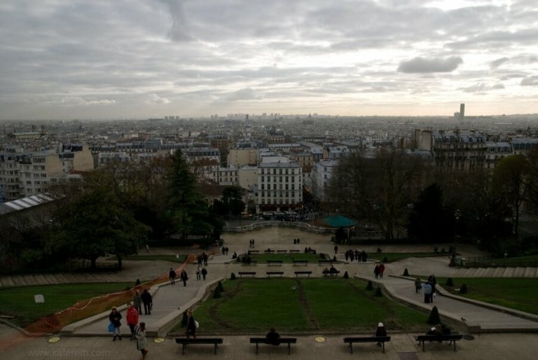 the steps of Montmartre in Paris on a cloudy, rainy day
