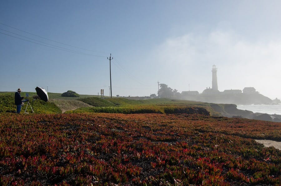 a painter in the fields near the Pigeon Point lighthouse in California