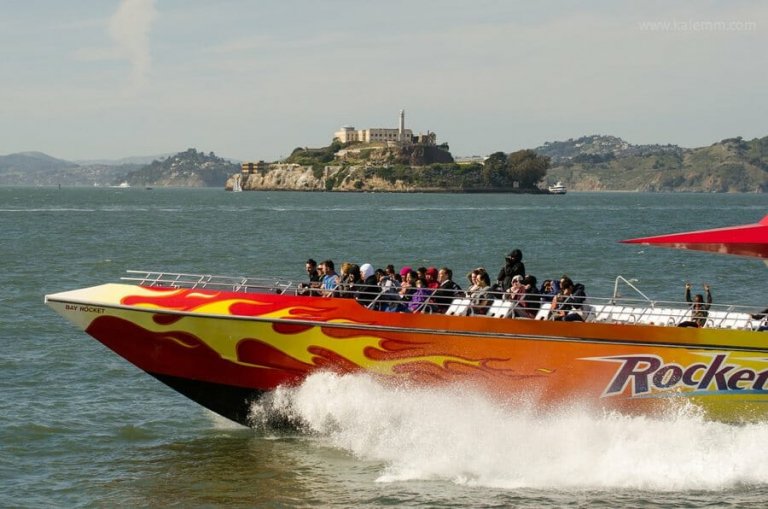 A Rocketboat races past Alcatraz on the San Francisco Bay