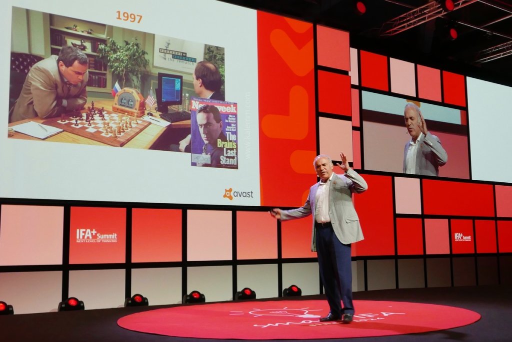 Chess grandmaster Garry Kasparov speaking about cybersecurity at the IFA conference in Berlin in 2018