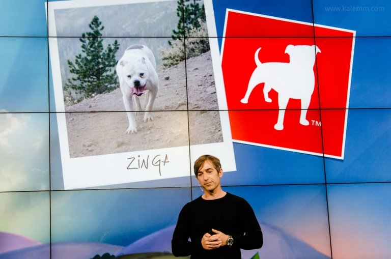 Zynga founder Mark Pincus with a photo of his late dog “Zinga”, namesake of his mobile gaming company