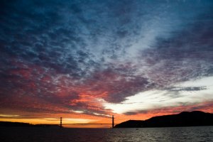 Sunset at the Golden Gate Bridge, with dramatic clouds