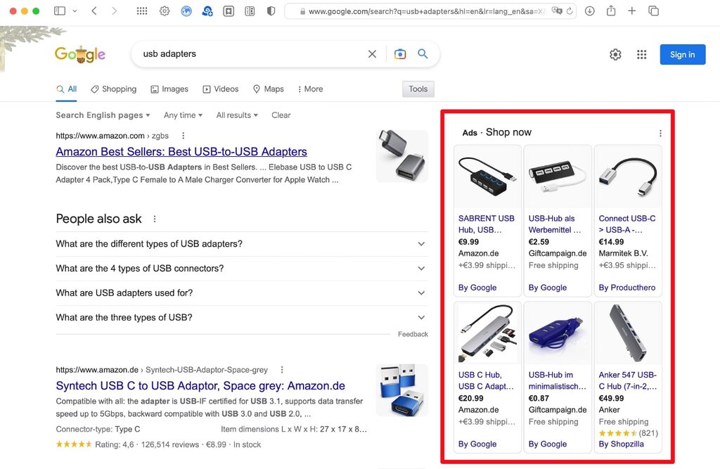 Example search on Google, showing many ads for USB adapters