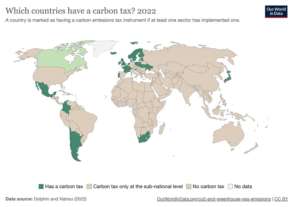 world map by Our World In Data showing which countries have a carbon tax