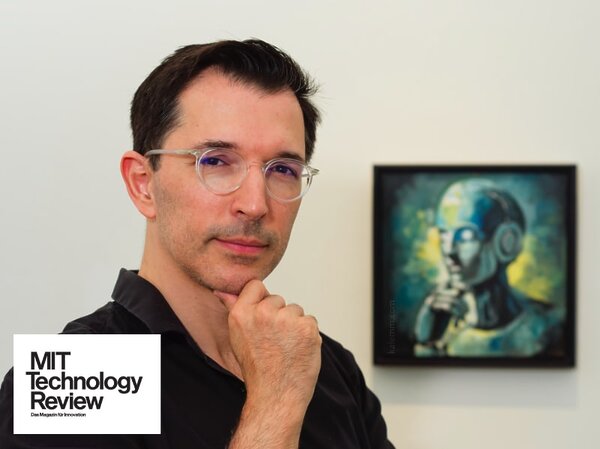 AI researcher Iyad Rahwan (Max Planck Institute) with a portrait of ChatGPT