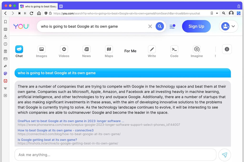 AI-powered search via chatbot, example search on You.com