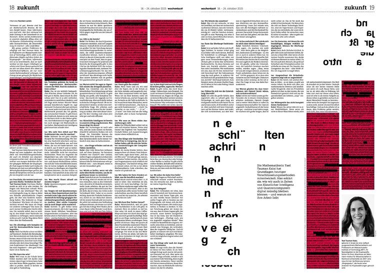Vorschaubild: Doppelseitiges Interview über Kryptografie und KI mit der MIT-Mathematikerin Yael Tauman Kalai, erschienen in der taz. Viele Textblöcke sind geschwärzt, die Überschrift ist nicht lesbar.