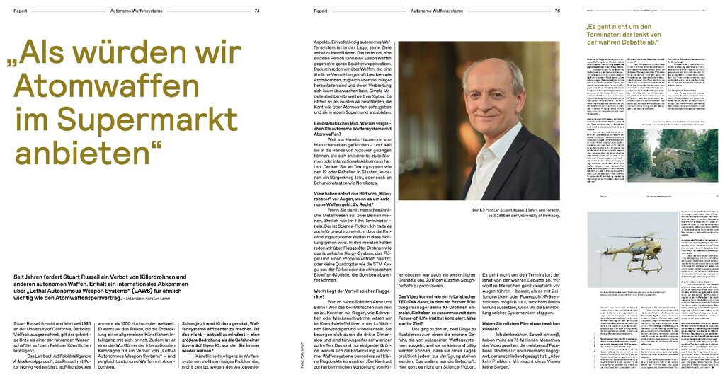 Interview mit dem britischen KI-Forscher Stuart Russell zu autonomen Waffensystemen, erschienen in der deutschen MIT Technology Review, Oktober 2023