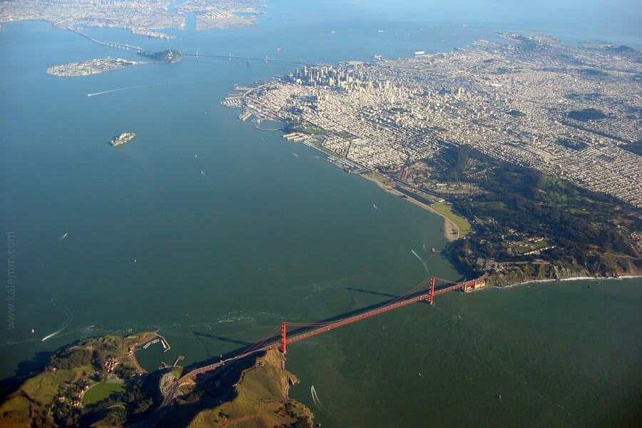 Aerial photo of San Francisco Bay and Golden Gate Bridge